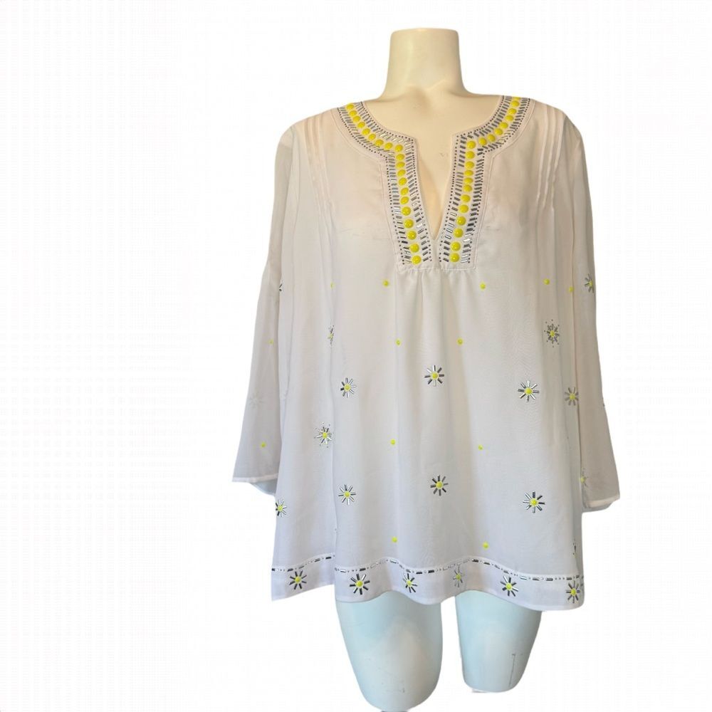 Victoria's Secret White Blouse with Yellow and Silver Embellishments L Large